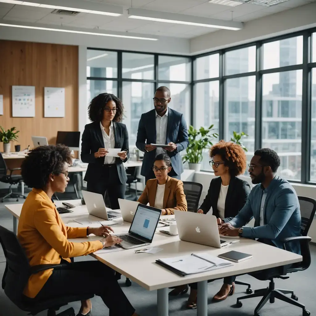 Meine Leistungen - Team bespricht sich im Großraumbüro